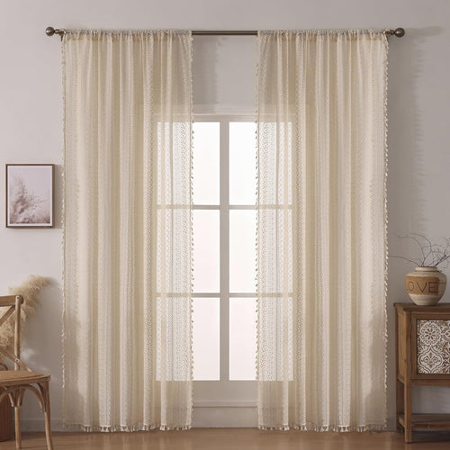 Boho Häkelgardinen mit Spitze | Quasten & geometrischer Streifen | Halbtransparent | Stangendurchzug | Terrakotta | 2 Paneele, 150 cm B