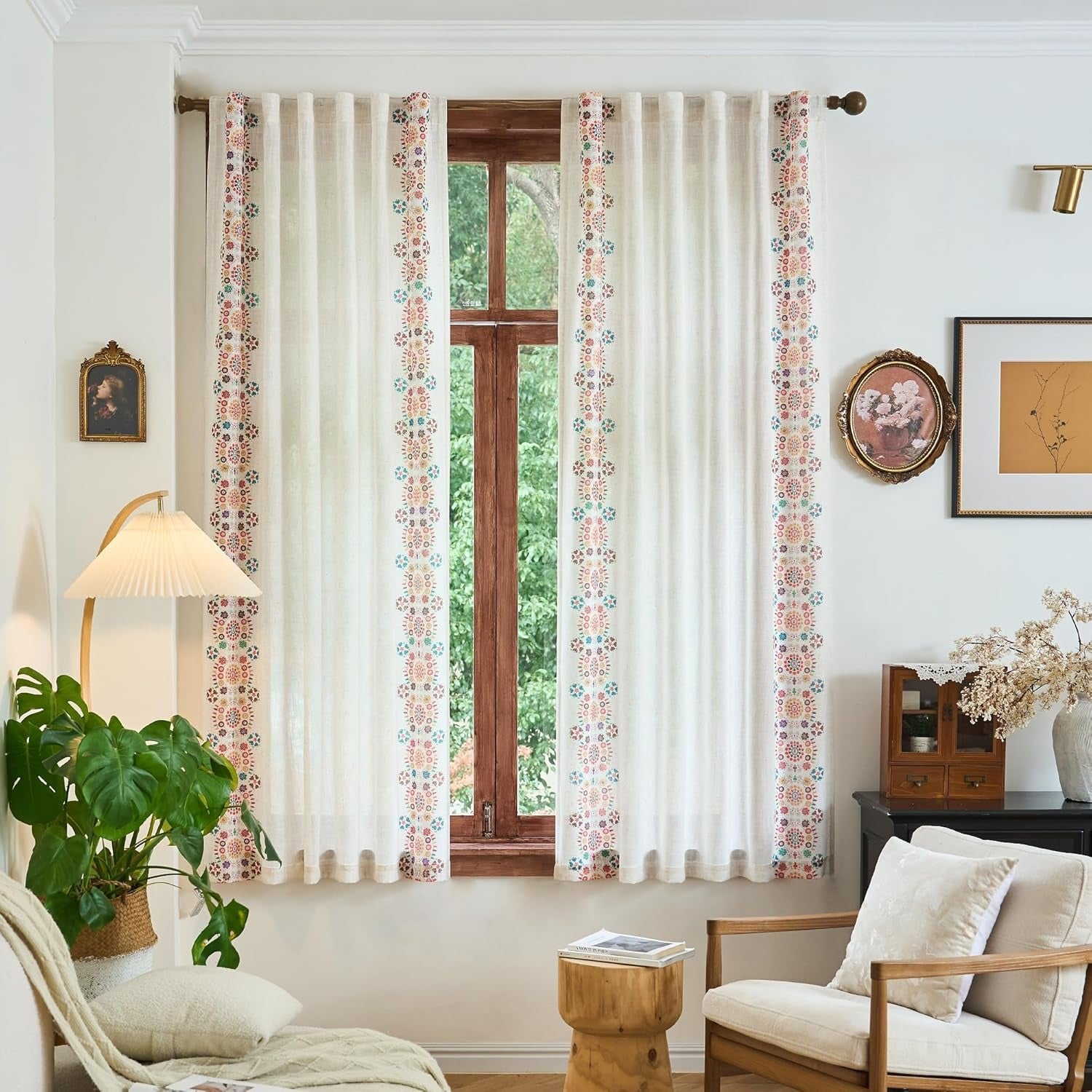 Boho Leinen Gardinen | Geblümter Bauernhaus-Druck | Lichtdurchlässig | Schlaufen & Stangendurchzug | 2 Paneele, 127 cm B