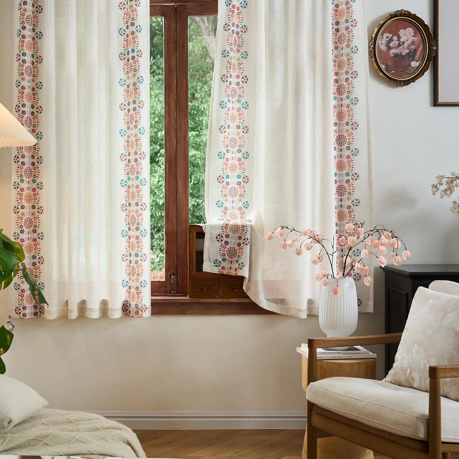 Boho Leinen Gardinen | Geblümter Bauernhaus-Druck | Lichtdurchlässig | Schlaufen & Stangendurchzug | 2 Paneele, 127 cm B