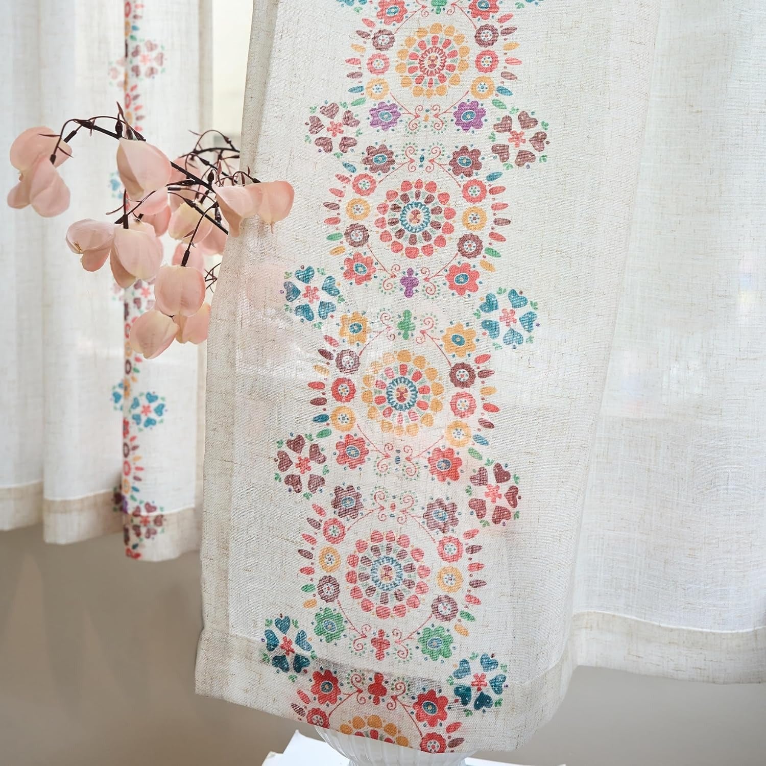Boho Leinen Gardinen | Geblümter Bauernhaus-Druck | Lichtdurchlässig | Schlaufen & Stangendurchzug | 2 Paneele, 127 cm B