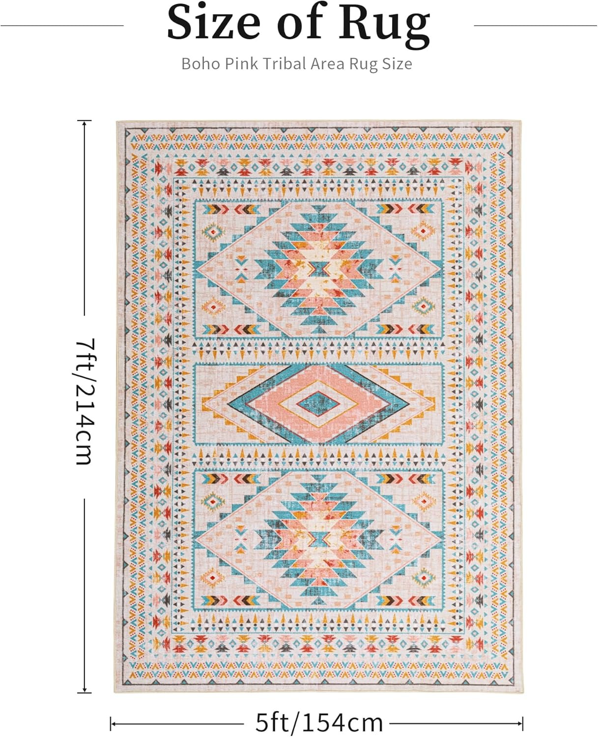 Pinkfarbener Boho Tribal Teppich | Geometrisches Medaillon | Waschbar | Rutschfest | Weicher Kurzflor | 3 Größen