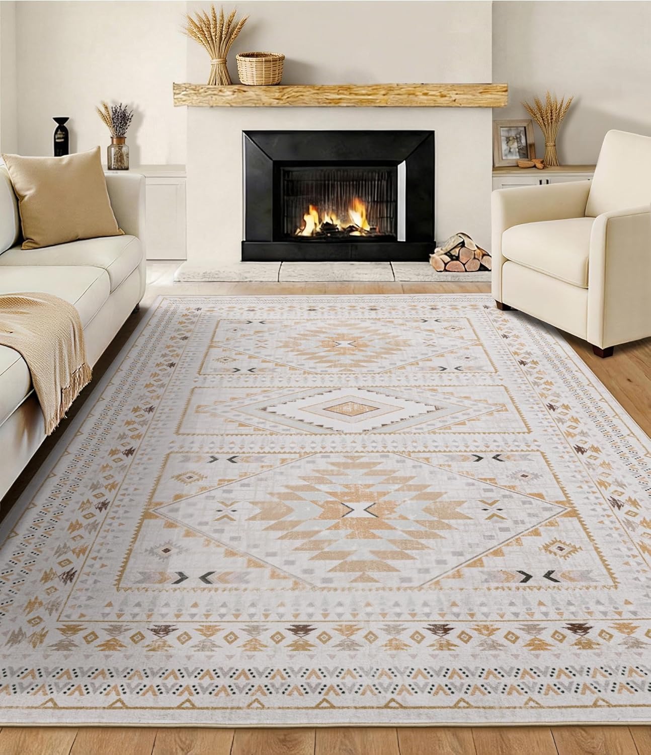 Pinkfarbener Boho Tribal Teppich | Geometrisches Medaillon | Waschbar | Rutschfest | Weicher Kurzflor | 3 Größen