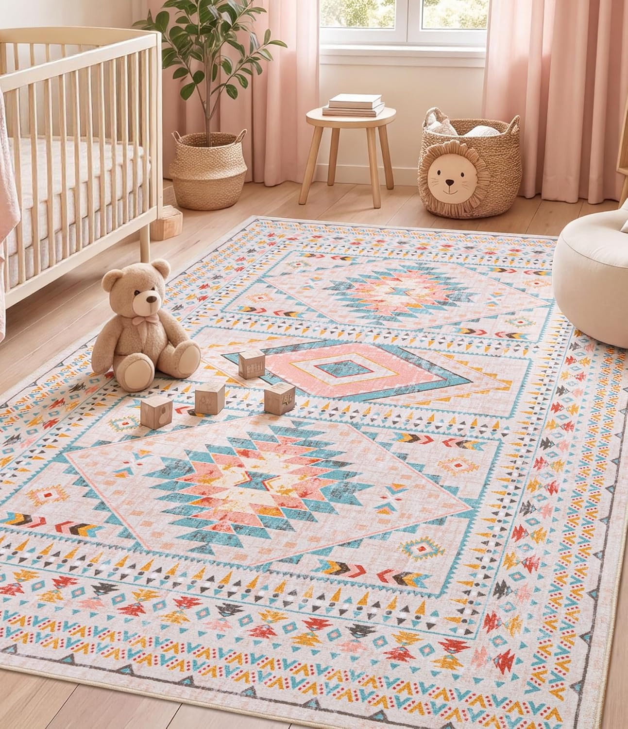 Pinkfarbener Boho Tribal Teppich | Geometrisches Medaillon | Waschbar | Rutschfest | Weicher Kurzflor | 3 Größen
