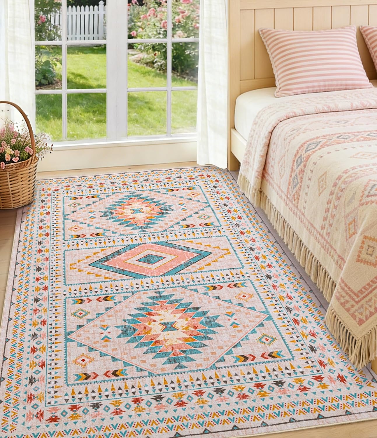 Pinkfarbener Boho Tribal Teppich | Geometrisches Medaillon | Waschbar | Rutschfest | Weicher Kurzflor | 3 Größen