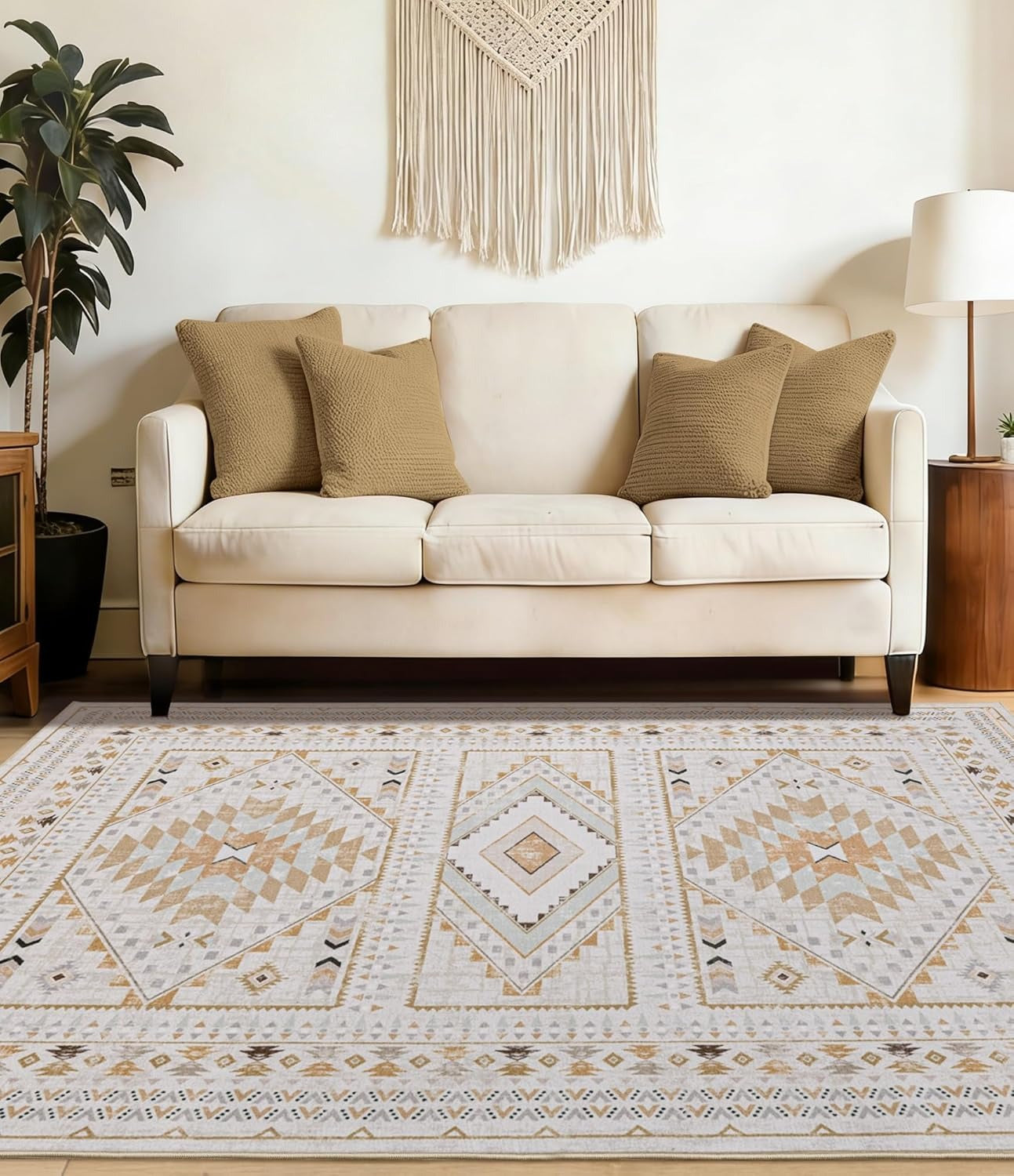 Pinkfarbener Boho Tribal Teppich | Geometrisches Medaillon | Waschbar | Rutschfest | Weicher Kurzflor | 3 Größen