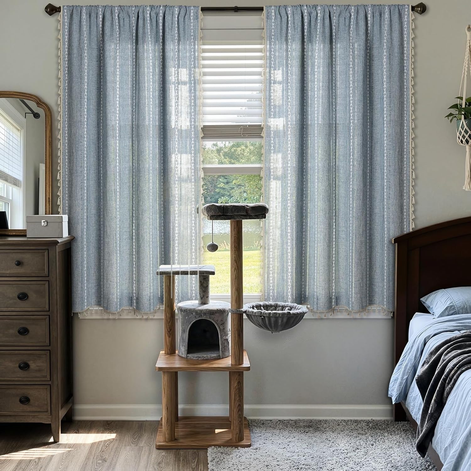 Boho-Leinen-Vorhänge | Bestickter Streifen mit Quasten | Lichtfilternd | 2er-Set