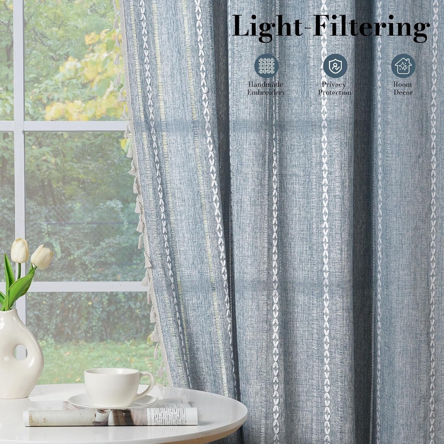 Boho-Leinen-Vorhänge | Bestickter Streifen mit Quasten | Lichtfilternd | 2er-Set