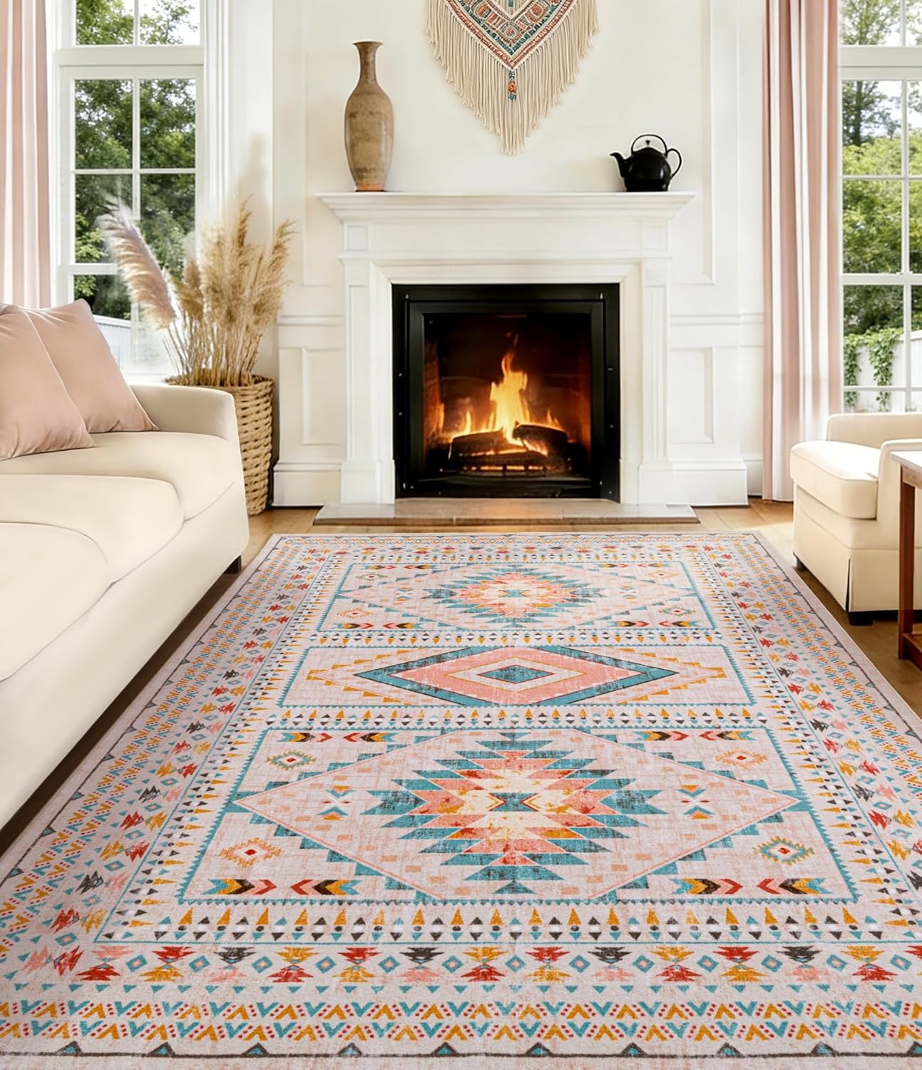 Pinkfarbener Boho Tribal Teppich | Geometrisches Medaillon | Waschbar | Rutschfest | Weicher Kurzflor | 3 Größen