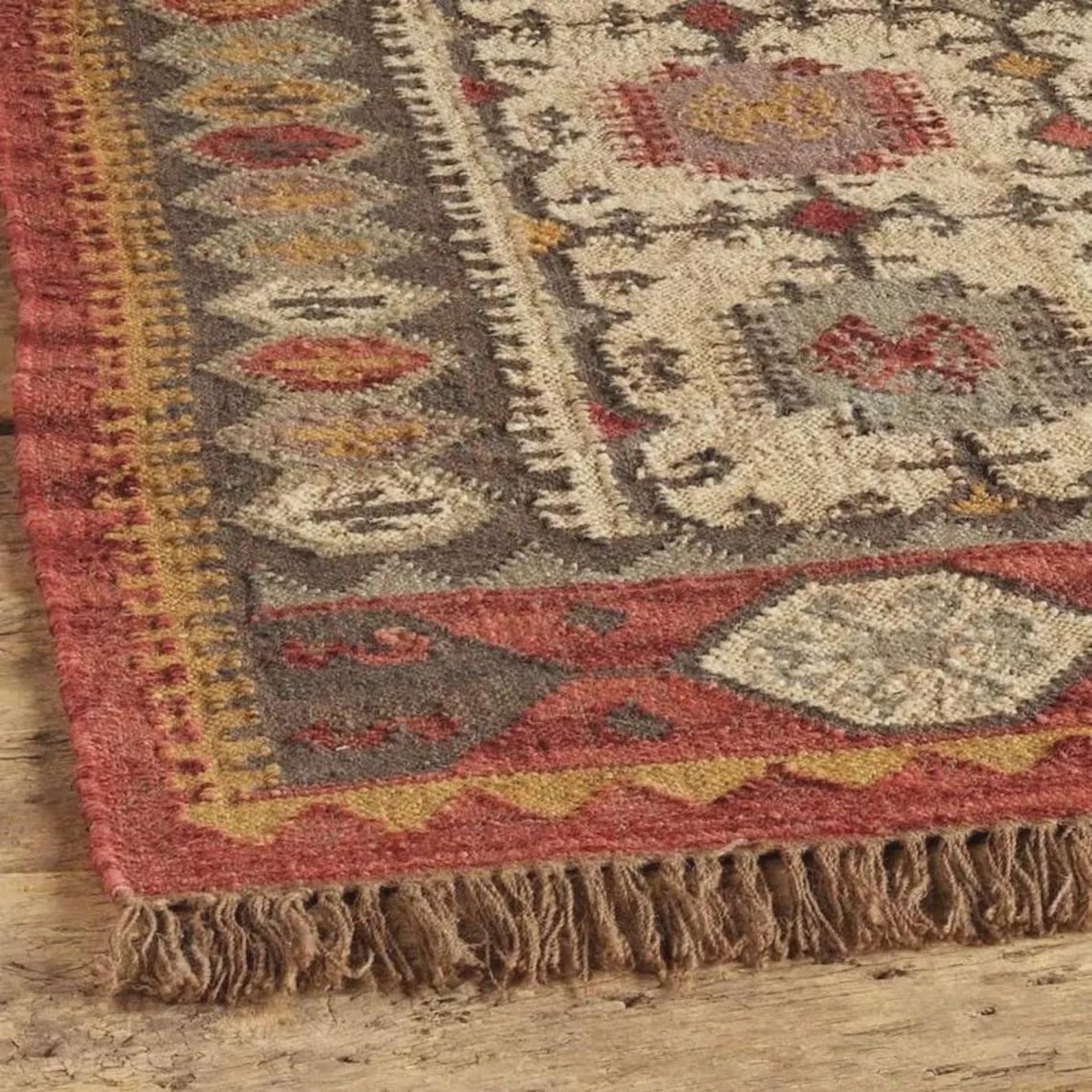 Handgewebter Woll-Kilim-Teppich | Stammesdesign im Southwestern-Boho-Stil | Flachgewebe | Beidseitig verwendbar