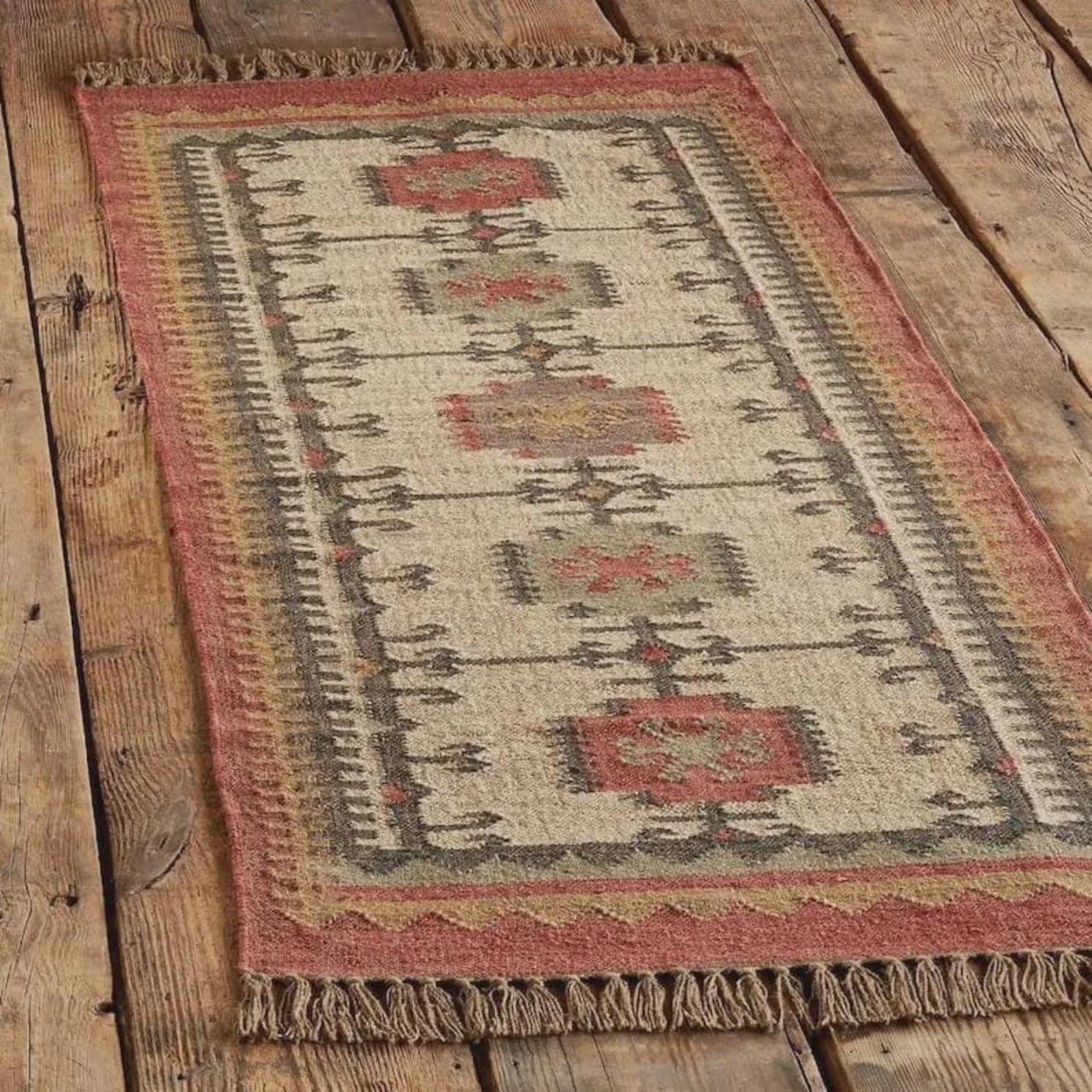 Handgewebter Woll-Kilim-Teppich | Stammesdesign im Southwestern-Boho-Stil | Flachgewebe | Beidseitig verwendbar